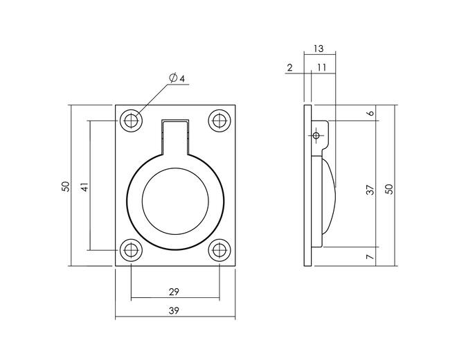 Luikring rechthoekig 50 x 39 mm messing getrommeld