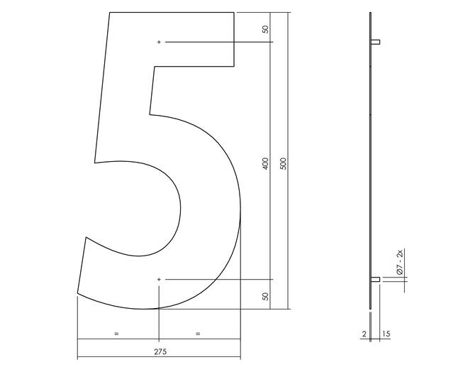 Huisnummer 5 XXL hoogte 50cm RVS/mat zwart