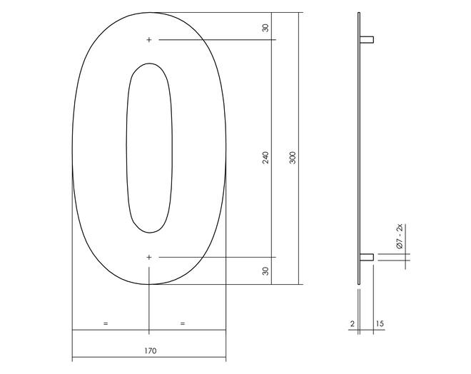 Huisnummer 0 XL hoogte 30cm RVS/mat zwart