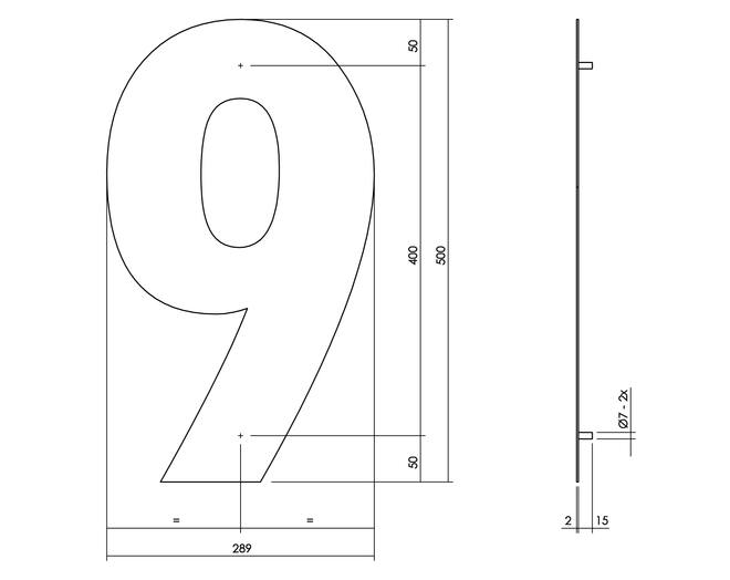 Huisnummer 9 XXL hoogte 50cm RVS/mat zwart