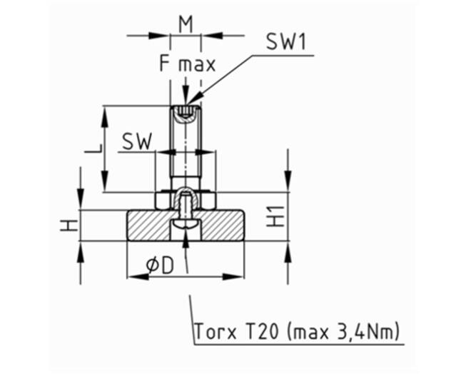Stelvoet M8x50mm beweegbare voet 20mm