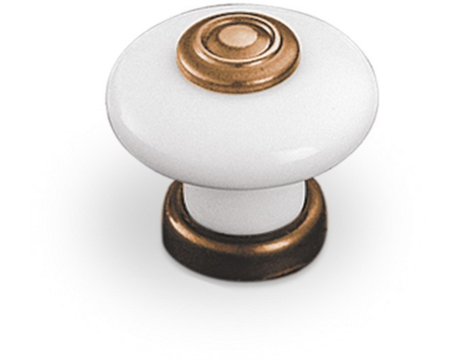 Knop wit porselein met gebronsde voet, diameter knop 30mm