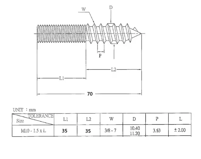 Tafelschroef M10x70mm, 50/50 geel verzinkt, VE=100