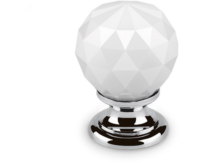 Knop CRYSTAL wit, 30mm, voet massief messing glans chroom