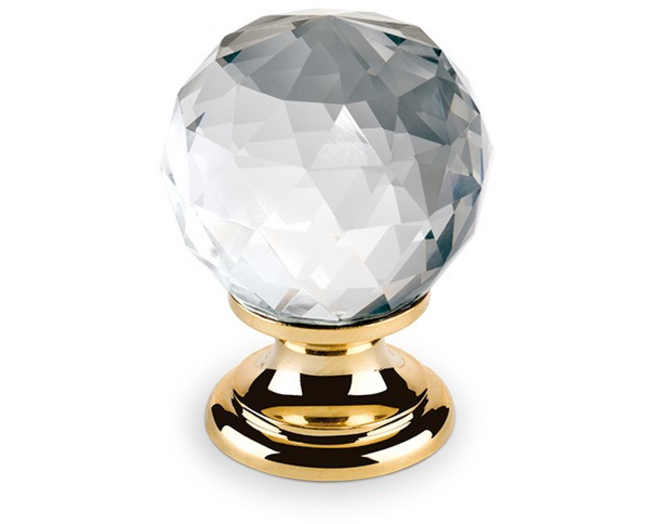 Knop CRYSTAL helder, 25mm, voet massief messing verguld
