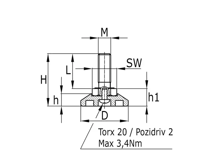 Stelvoet JTH 38 A/M10x50mm, voet 38mm,
