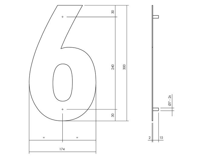 Huisnummer 6 XL hoogte 30cm RVS/mat zwart