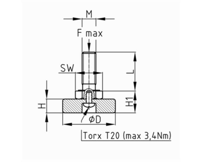 Stelvoet JPR/M10x16mm, voetdiameter 20mm,