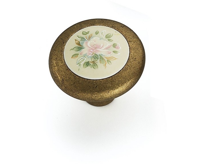 Knop brons geborsteld 34mm porselein met bloemmotief