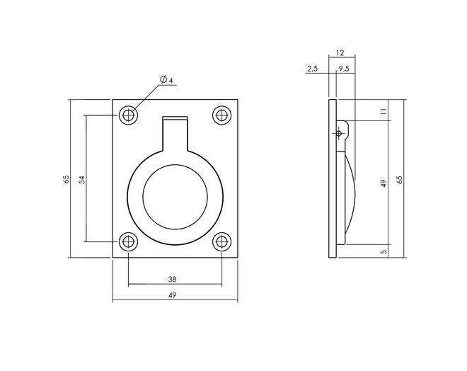 Luikring rechthoekig 65 x 49 mm mat zwart