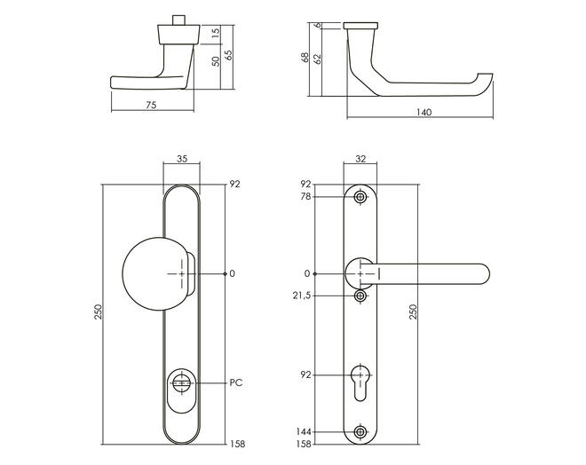 Smal SKG3 greep/kruk PC 92mm+kerntrekbev. alu