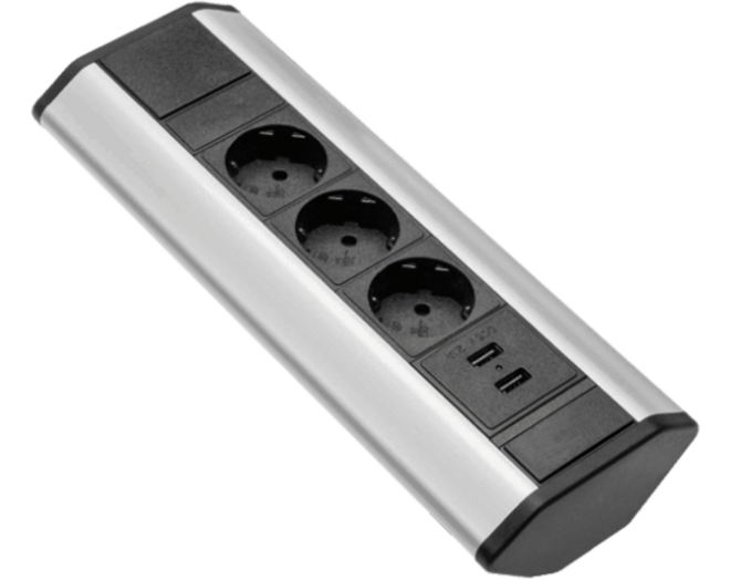 Energie hoekzuil aluminium/zwart 3-voudig wcd + 2x USB lader