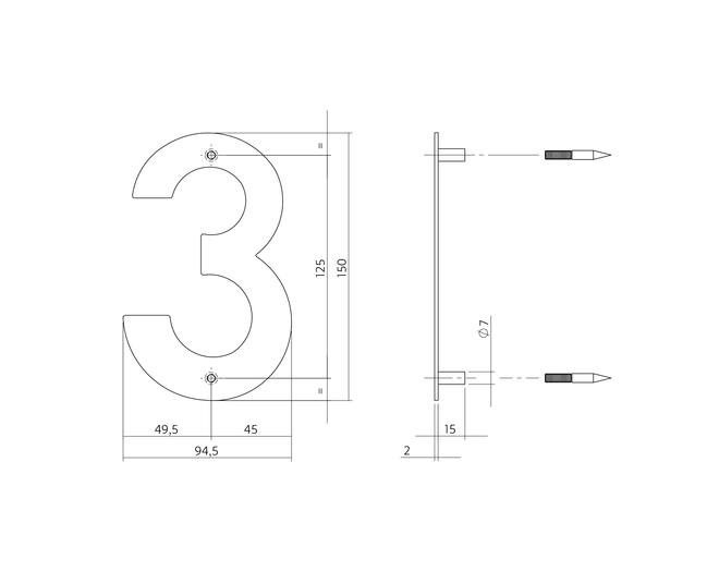 Huisnummer 3 150x2mm RVS geborsteld