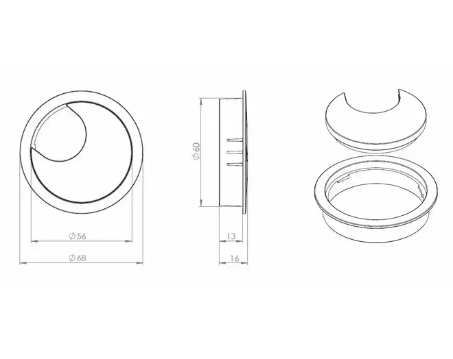 Kabeldoorvoer 60mm aluminium wit geanodiseerd, diepte 22mm