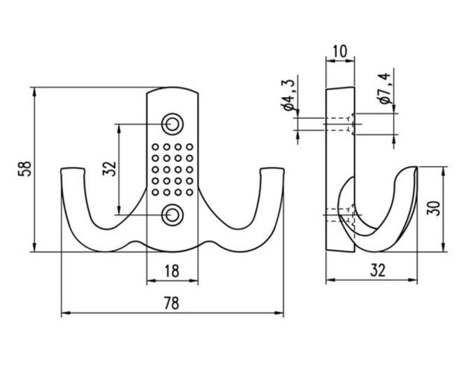 Jashaken RVS look, dubbele haak, 47x70mm, 25mm diep