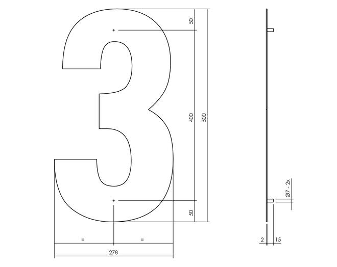 Huisnummer 3 XXL hoogte 50cm RVS geborsteld