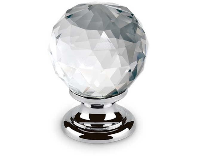 Knop CRYSTAL helder, 30mm, voet massief messing glans chroom