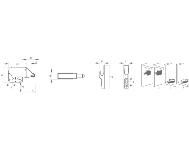 Druksnapper mini touch latch vernikkeld, aanslag wit