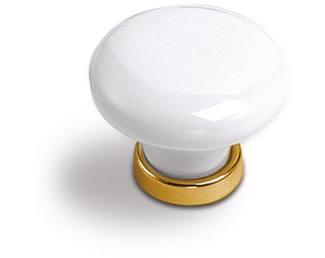 Knop wit porselein met vergulde voet, diameter knop 37mm