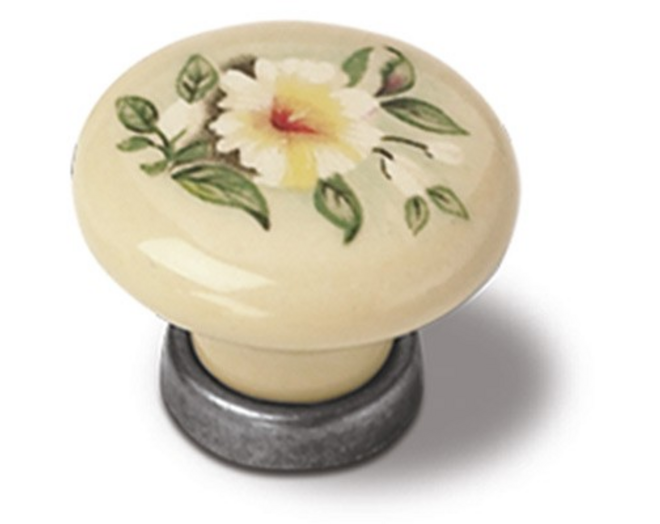 Knop ivoor porselein met bloemmotief, 30mm, voetje oud tin