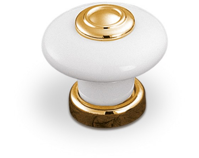 Knop wit porselein met vergulde voet, diameter knop 37mm