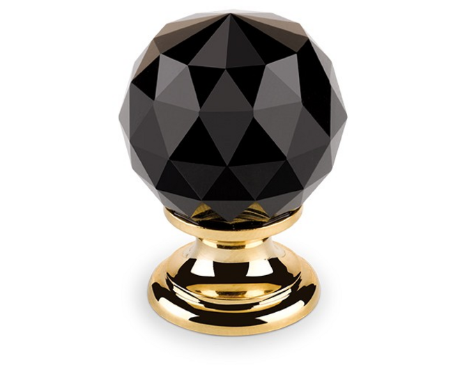 Knop CRYSTAL zwart, 25mm, voet massief messing verguld