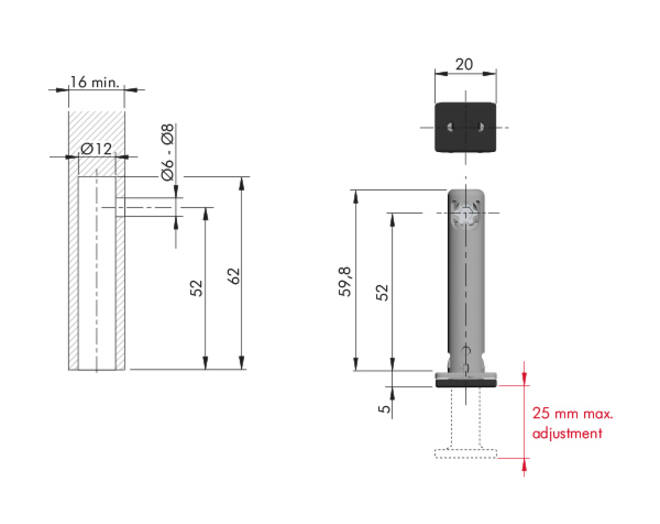 Stelvoet REKORD TECH diameter 12mm gat op 52mm, hoogte 65mm
