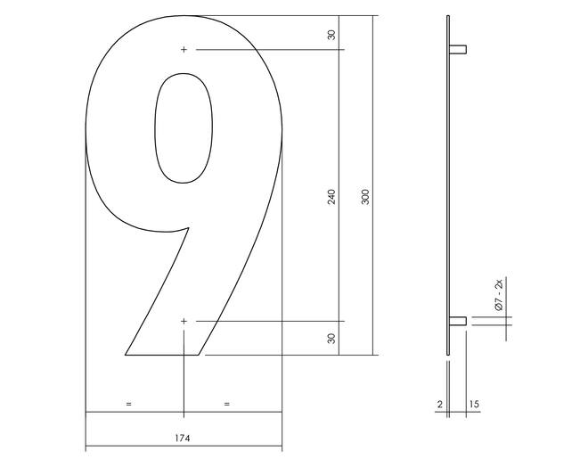 Huisnummer 9 XL hoogte 30cm RVS/mat zwart