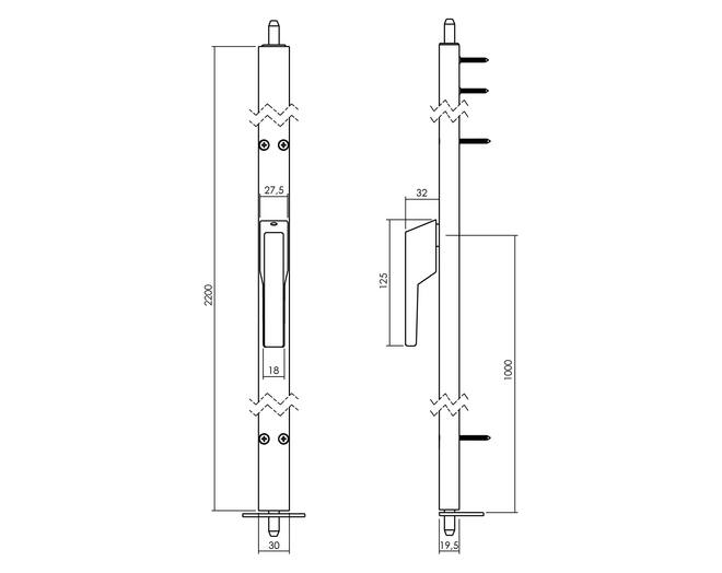 Deurespagnolet niet afsluitbaar Rechts 2200mm RAL 9010 wit