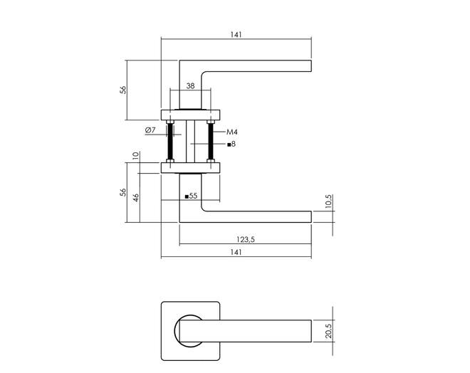 Deurkruk Hera op vierkante rozet 55x55x10 mm