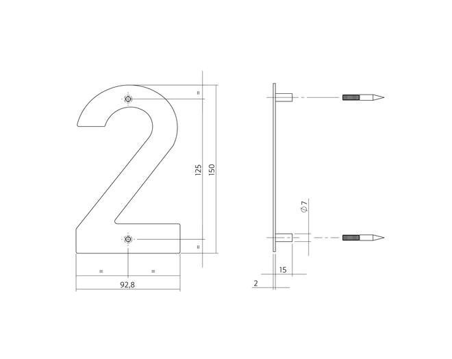 Huisnummer 2 150x2mm RVS geborsteld