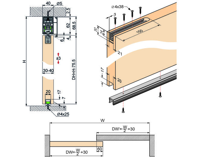 E-Space beslagset voor 1 houten deur, compleet
