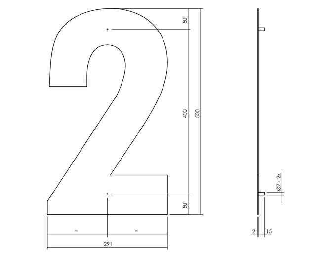 Huisnummer 2 XXL hoogte 50cm RVS/mat zwart