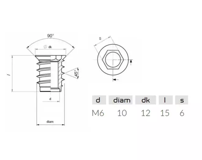 Rampabus staal met rand M6, lengte 15mm, kop 12mm