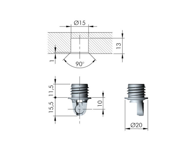 Bevestiging aan de klep voor K12, duvel voor boring 15mm