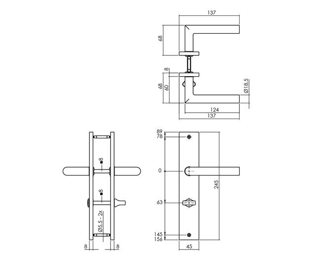 Deurkruk Bastian op schild 245x45mm WC63/8mm