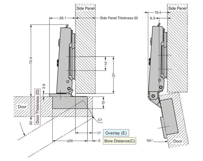 Opdekscharnier RVS SUS304 met soft close, 3D verstelbaar