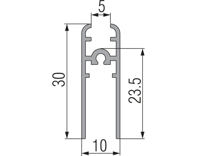 Miniroller slofrail voor glas 5mm, lengte 2500mm