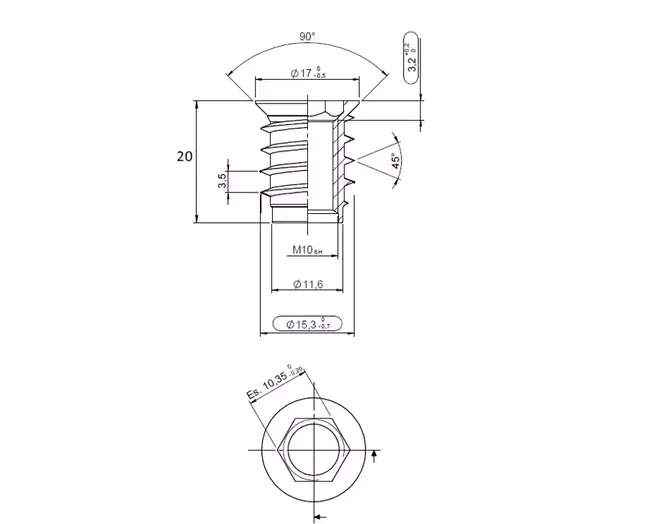 Rampabus staal met rand M10, lengte 20mm, kop 17mm
