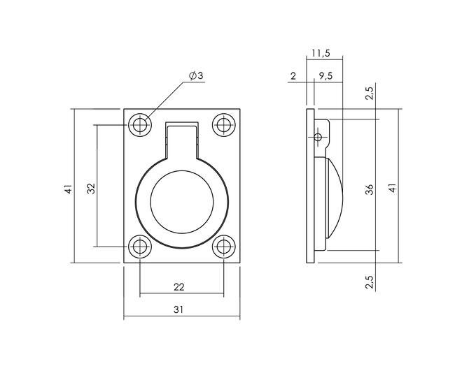 Luikring rechthoekig 41 x 31 mm mat zwart