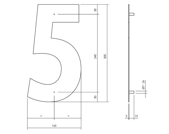 Huisnummer 5 XL hoogte 30cm RVS/mat zwart