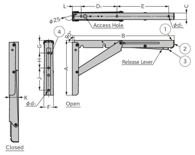 Konsole RVS zwart inklapbaar 307mm, hoogte 165mm