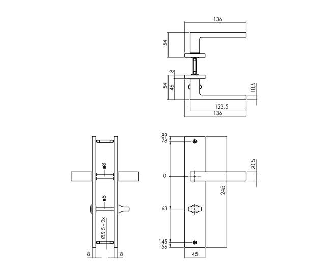 Deurkruk Hera op schild 245x45 mm WC63/8 mm