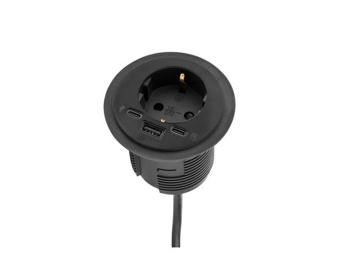 Inbouw module Power spot zwart, 60mm. Met Schuko plug