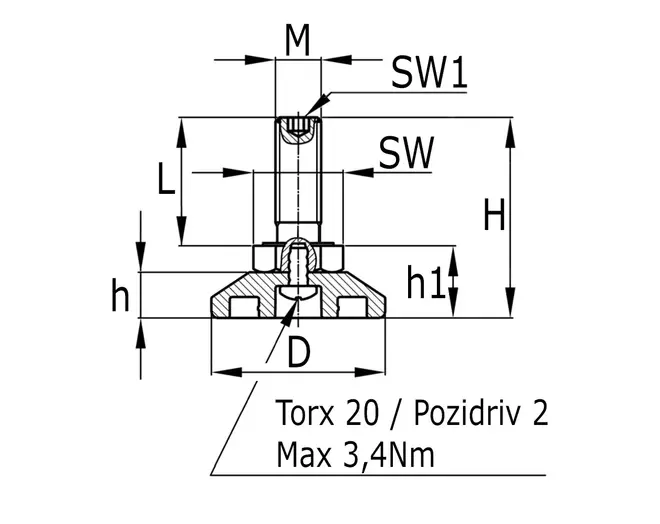 Stelvoet M10x100mm met binnenzeskant m beweegbare kst.voet