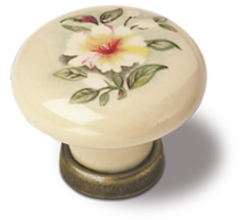 Knop ivoor porselein met bloemmotief, 30mm, voetje oud koper