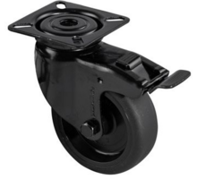 Design zwenkwielen zwart wiel, zwarte gaffel, met rem 79mm