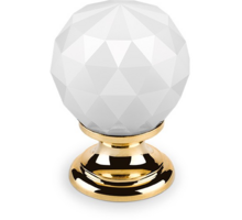Knop CRYSTAL wit, 30mm, voet massief messing verguld