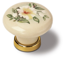 Knop ivoor porselein met bloemmotief, 37mm, voetje verguld