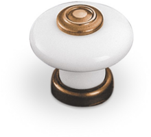 Knop wit porselein met gebronsde voet, diameter knop 30mm
